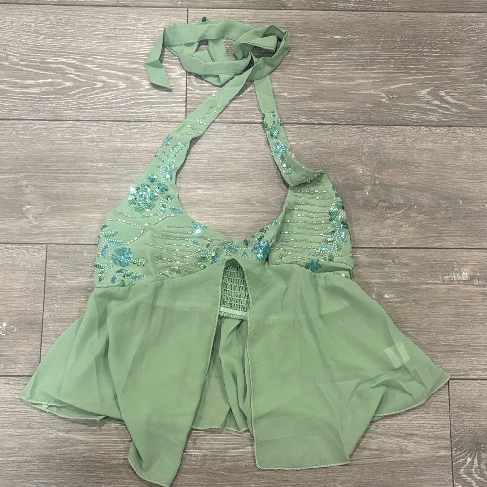 Edikted Mint Halter Top with Sequin Accents